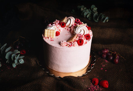Pink birthday cream cake with fruits and chocolate on the top on dark background. Horizontal photo of beautiful cake - tart.の写真素材