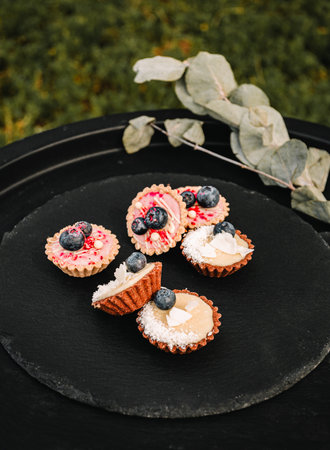 Photo of sweet dessert on dark background.の写真素材