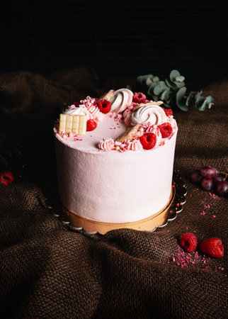 Pink birthday cream cake with fruits and chocolate on the top on dark background. Vertical photo of beautiful cake - tart.の写真素材