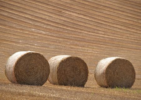 Three hay bails against a freshly cut hillside