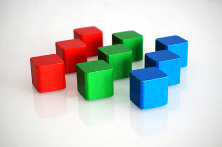 RGB red green blue wooden toy blocksの写真素材