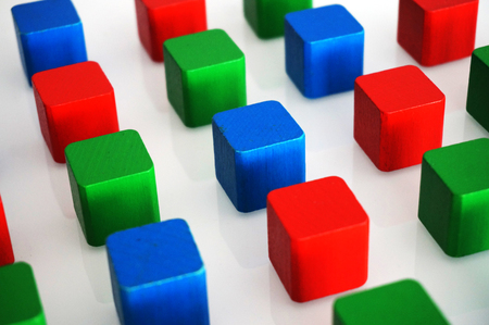 RGB red green blue wooden toy blocksの写真素材