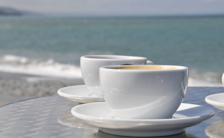 Coffee by the seasideの写真素材