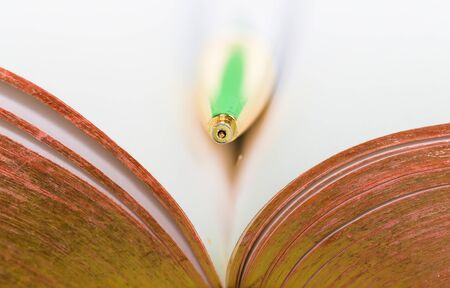 Macro over bible pages, open book with gold gilded pages.の写真素材