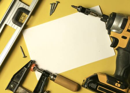 construction flat lay, drill level, DIY tools for construction flat layの写真素材