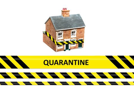 quarantine written on yellow warning tapeの写真素材