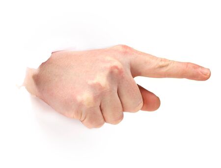 Hand pointing right. Hand with finger pointing Isolated on white.の写真素材