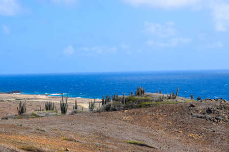 Arikok Natural Park on the island of Aruba in the Caribbean Sea with deserts and ocean waves on the rocky coastの写真素材