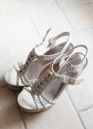 fashion white woman shoes with heelの写真素材