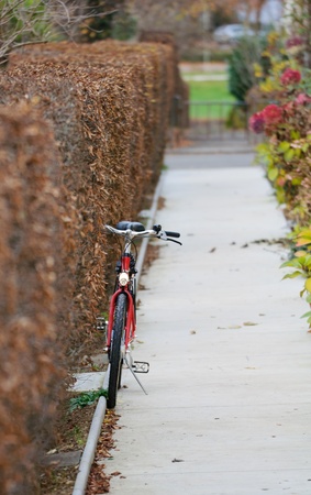 Lone bicycle parked in a small path.の写真素材