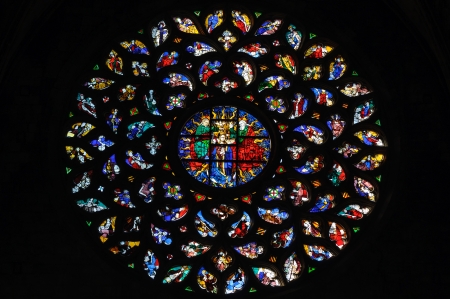 Stained glass window in Santa Maria del Mar church  Barcelona, Catalonia, Spain のeditorial素材