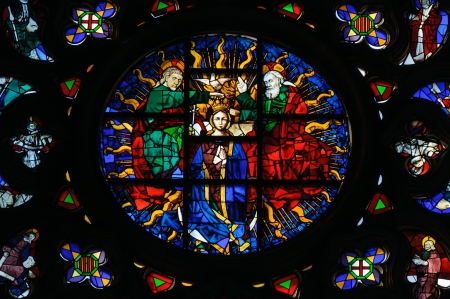 Stained glass window in Santa Maria del Mar church  Barcelona, Catalonia, Spain のeditorial素材