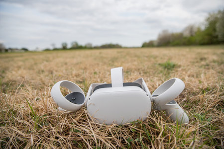 Oculus Quest 2 virtual reality headset with controllers, resting on a lawn