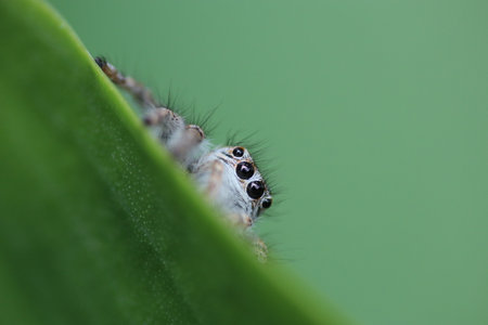 Jumping spider on green leaf in the wild nature, Close upの写真素材