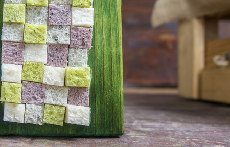 colorful bread is like a scene, square cutting bread - purple corn, black sesame, green spinach, white toastの写真素材