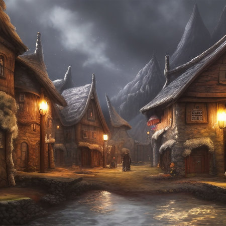 Digital painting of a small nordic village in the snow at night.  AI-generated illustrationの素材