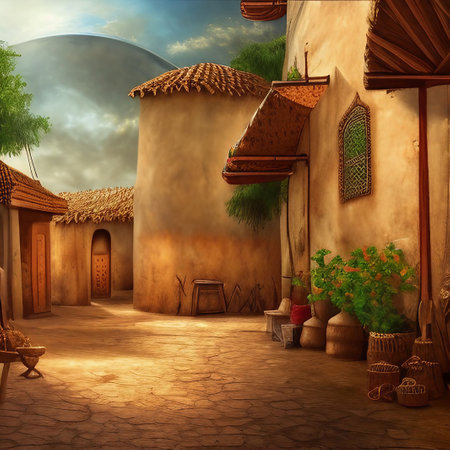 Fantasy scene of an old village. AI-generated rendering.の素材