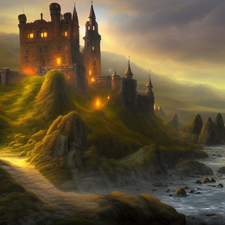 Fantasy landscape with a fantasy castle on the hill. AI-generated paintingの素材