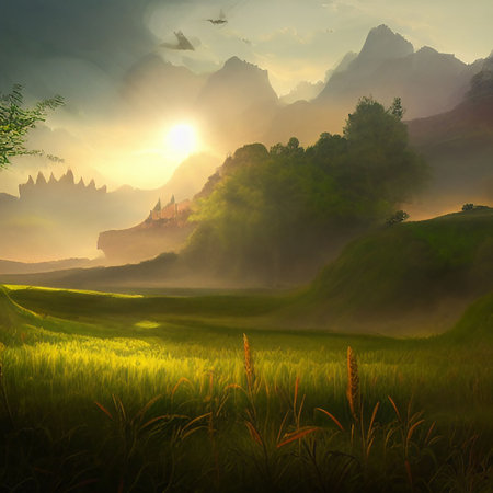 Beautiful sunrise in the mountains. Colorful fantasy landscape. AI-generated painting.の素材