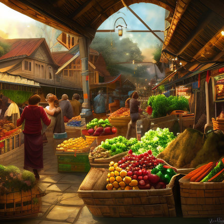 Fruits and vegetables in the market in the morning. AI-generated painting.の素材