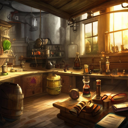 AI-generated rendering of an old laboratory in a fairy tale style.の素材