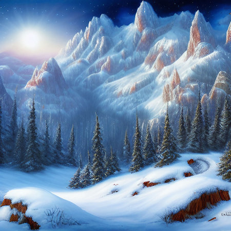 Fantastic winter landscape with snow covered trees. AI-generatedの素材