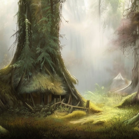 Digital painting of a foggy forest with a bench in the foreground. AI-generatedの素材
