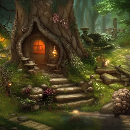 Fantasy fairy tale scene with a house in the forest. AI-generated painting.の素材