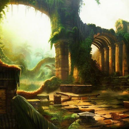 Fantasy landscape with trees, plants and water. AI generated painting.の素材