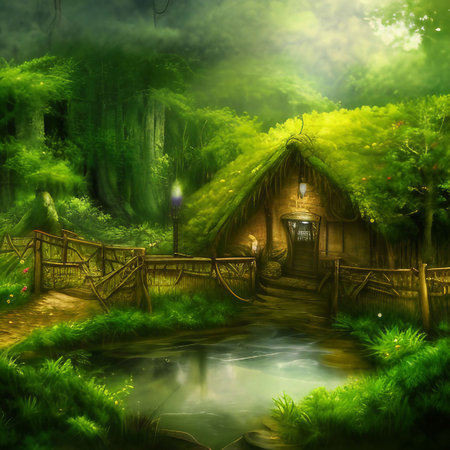 Beautiful fantasy landscape with a wooden cottage and a small river.  AI generatedの素材