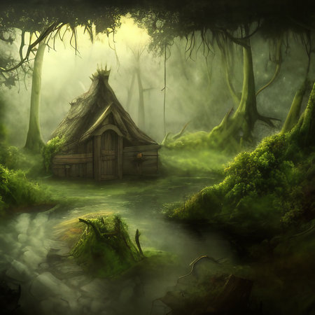 Fantasy landscape with old wooden hut in the middle of the forest.  AI generatedの素材