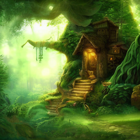 Fantasy fairy tale illustration with old wooden house in the forest. AI generatedの素材