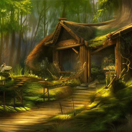 Wooden hut in the forest. Digital painting. AI generated renderingの素材