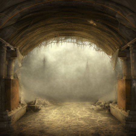 Mysterious interior of ancient temple in the fog. AI generated renderingの素材