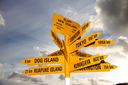The landmark Signpost at Bluff at the bottom of the South Island, New Zealandの写真素材