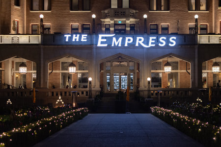Victoria, BC, Canada - April 3, 2021: The Empress Hotel at Nightのeditorial素材