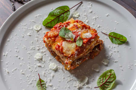 Beef Lasagna with Bloody Sorrel and Parmesan, Pecorino Romano and Mozzarella.