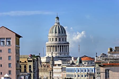 The cupola of the "El Capitolio", or National Capitol Building in Havana, Cuba, former the seat of government and today the home to the Cuban Academy of Sciences seen from a roof in the Pradoのeditorial素材