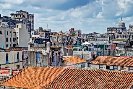 HAVANA, CUBA - AUGUST 22: Overview over historic, colonial city center from the cathedral´s roof, with the Capitol in the background , on August 22, 2008 in Havana, Cuba.のeditorial素材