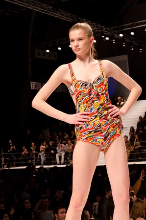 Model presenting new Agua Bendita collection on catwalk at "The Brandery - Winter 2012", an international epicentre of fashion, urban art and trends. Barcelona, Spain 29th of January 2012のeditorial素材