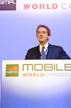 BARCELONA, SPAIN - FEBRUARY 26: Franco Bernabe, GSMA Chairman and CEO of Telecom Italia Group, speaks at the Opening Keynote of the MWC 2012, on February 26, 2012 in Barcelona, Spainのeditorial素材