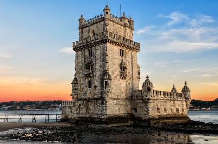 Belem tower at sunset - Lisbon, Portugalのeditorial素材
