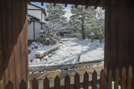 2017- Kenninji temple wood building on a snowy winter day