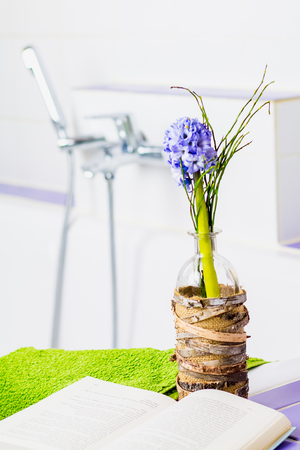 Purple hyacinth and a book at a bathtub.の写真素材