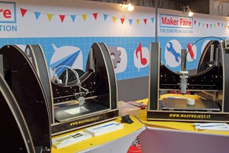 ROME - OCTOBER 06: Set of working 3D printers at the first European Maker Faire Festival on October...