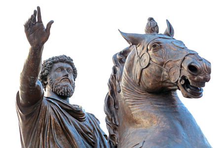 Equestrian statue of Marcus Aurelius in front of Palazzo Senatorio of Campidoglio on the Capitoline Hill, seat of local administration of Rome, Italyの写真素材