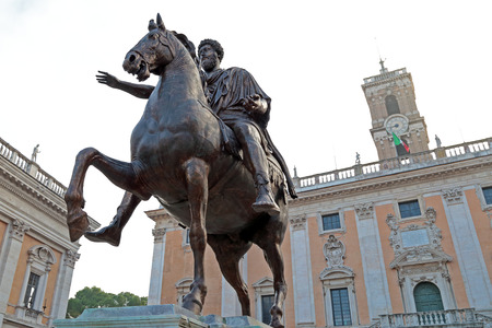 Equestrian statue of Marcus Aurelius in front of Palazzo Senatorio of Campidoglio on the Capitoline Hill, seat of local administration of Rome, Italyのeditorial素材