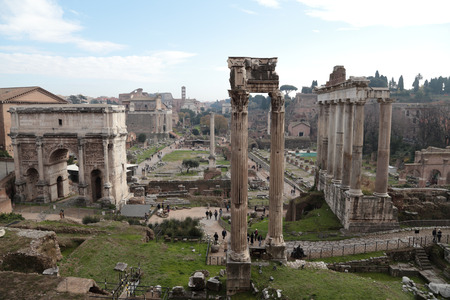 Ruins of the buildings of Roman Forum at the center of the city of Rome, Italy.のeditorial素材