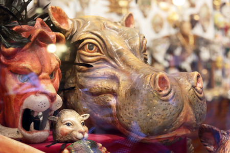 VENICE, ITALY - February 23: Masks with the features of animals exposed in a shop window in the center of Venice during the traditional festival of Carnival on February 23, 2014 in Venice, Italyのeditorial素材