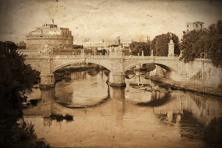 Retro and vintage styled view of Sant'Angelo Bridge and Sant'Angelo Castle in Rome (Saint Angel) with grunge texture as backgroundのeditorial素材